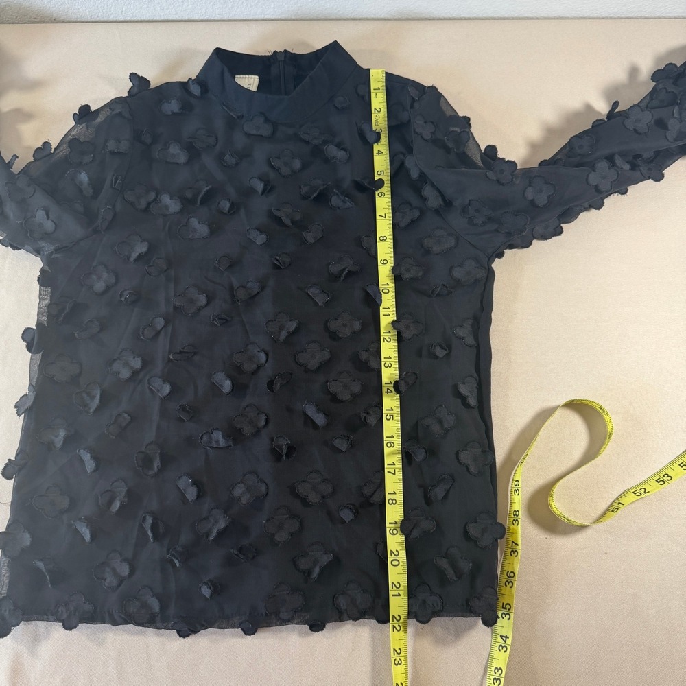 I Love Wen Le Black Sheer Mock Neck Blouse 3D Floral Applique Long Sleeve Size S - Picture 4 of 11